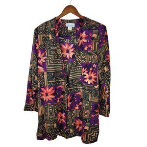 Vintage 90s Blazer Jacket Size 14 XL Tropical Floral Geometric Oversize Green